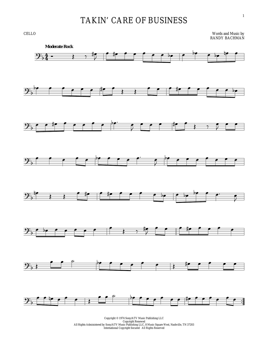 Takin' Care Of Business Cello Solo scores gallery preview page 1