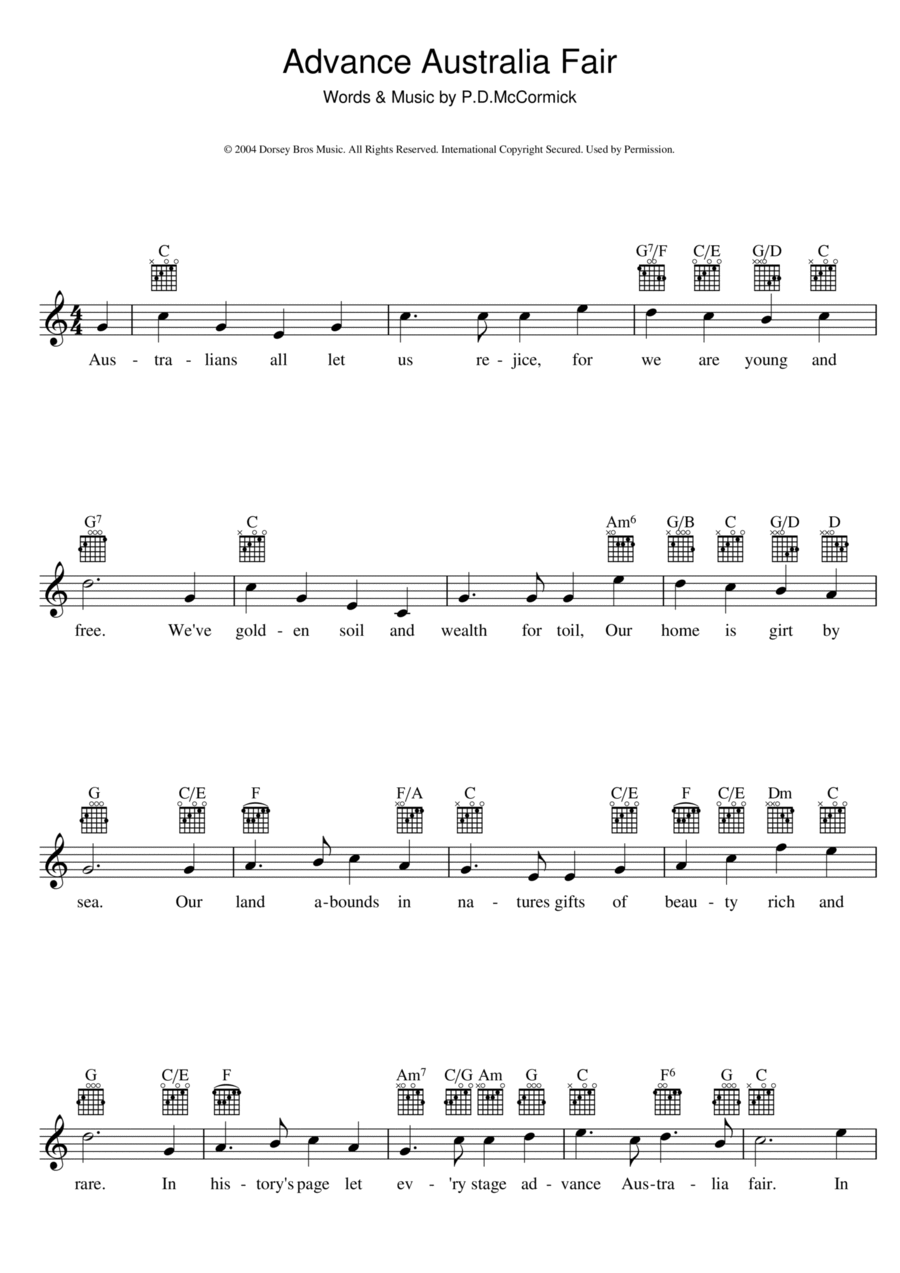 Advance Australia Fair (Australian National Anthem) Piano scores gallery preview page 1