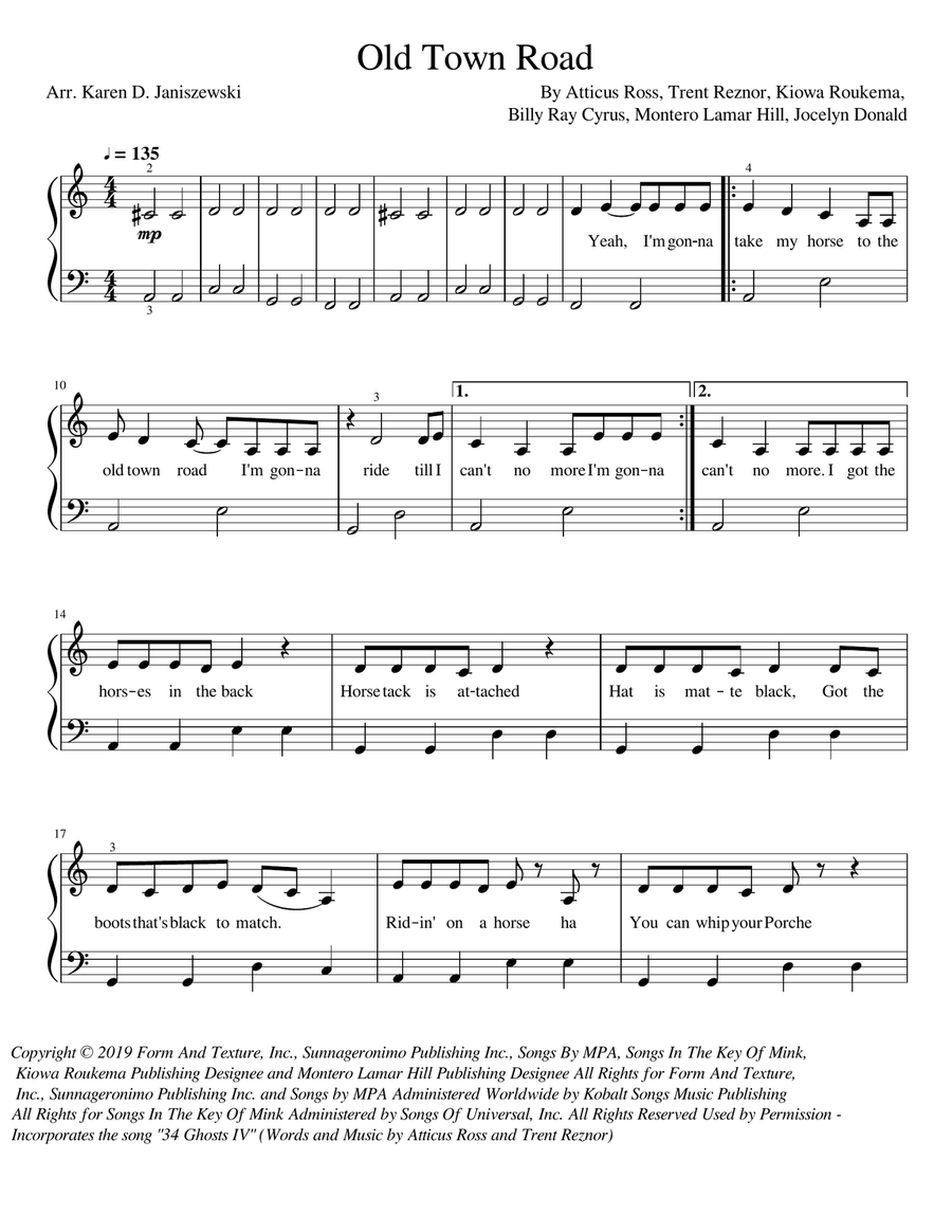 Old Town Road (remix) Easy Piano scores gallery preview page 1
