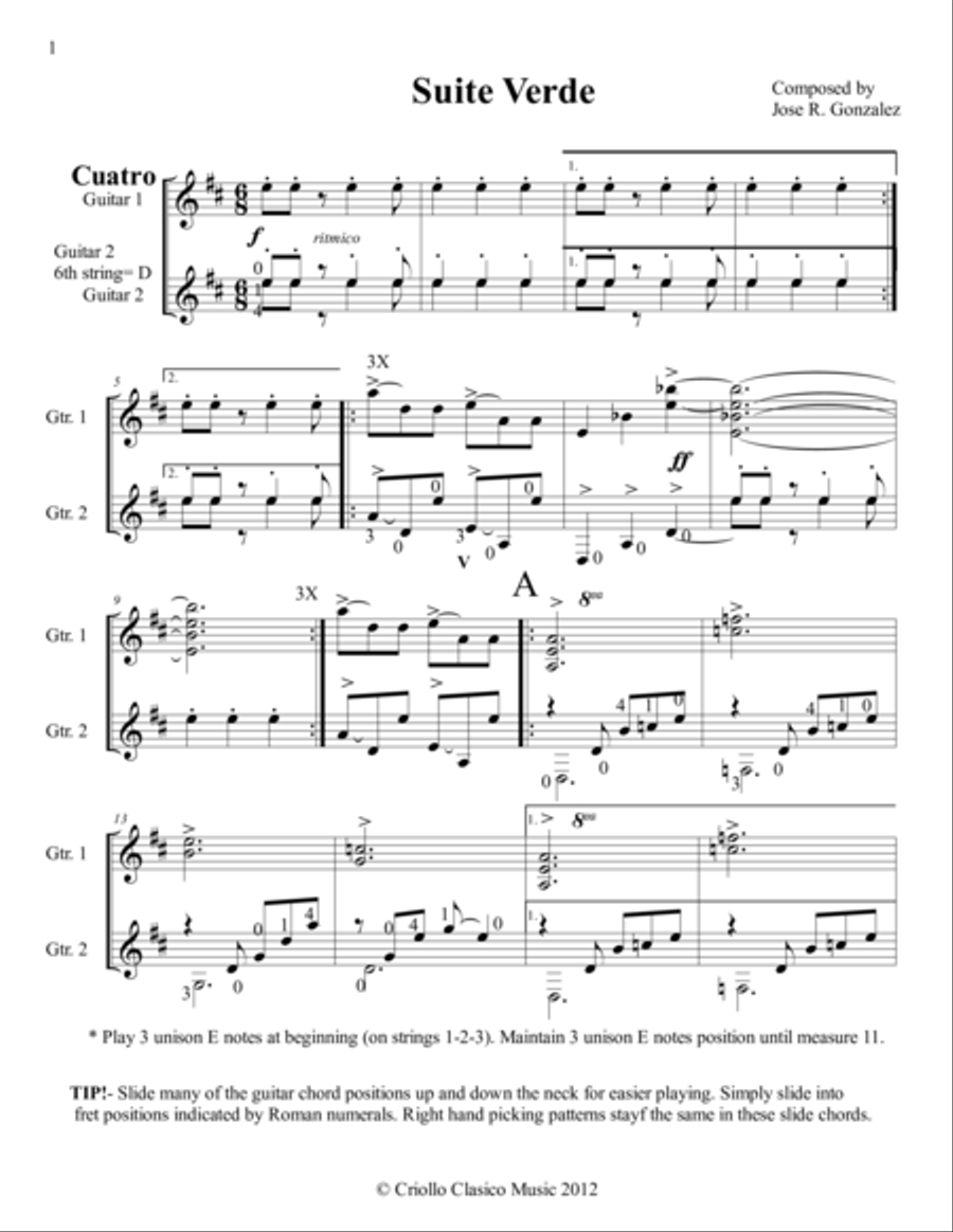 Suite Verde is a Latin American Duet composition for Flute and Guitar (or Cuatro and Guitar ) Small Ensemble scores gallery preview page 1