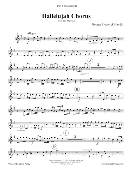 Hallelujah Chorus for Brass Quartet (Trumpets, French Horn, Trombone & Bass Trombone or Tuba) with o