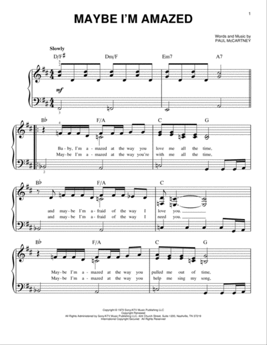 Maybe I'm Amazed Easy Piano scores gallery preview page 1