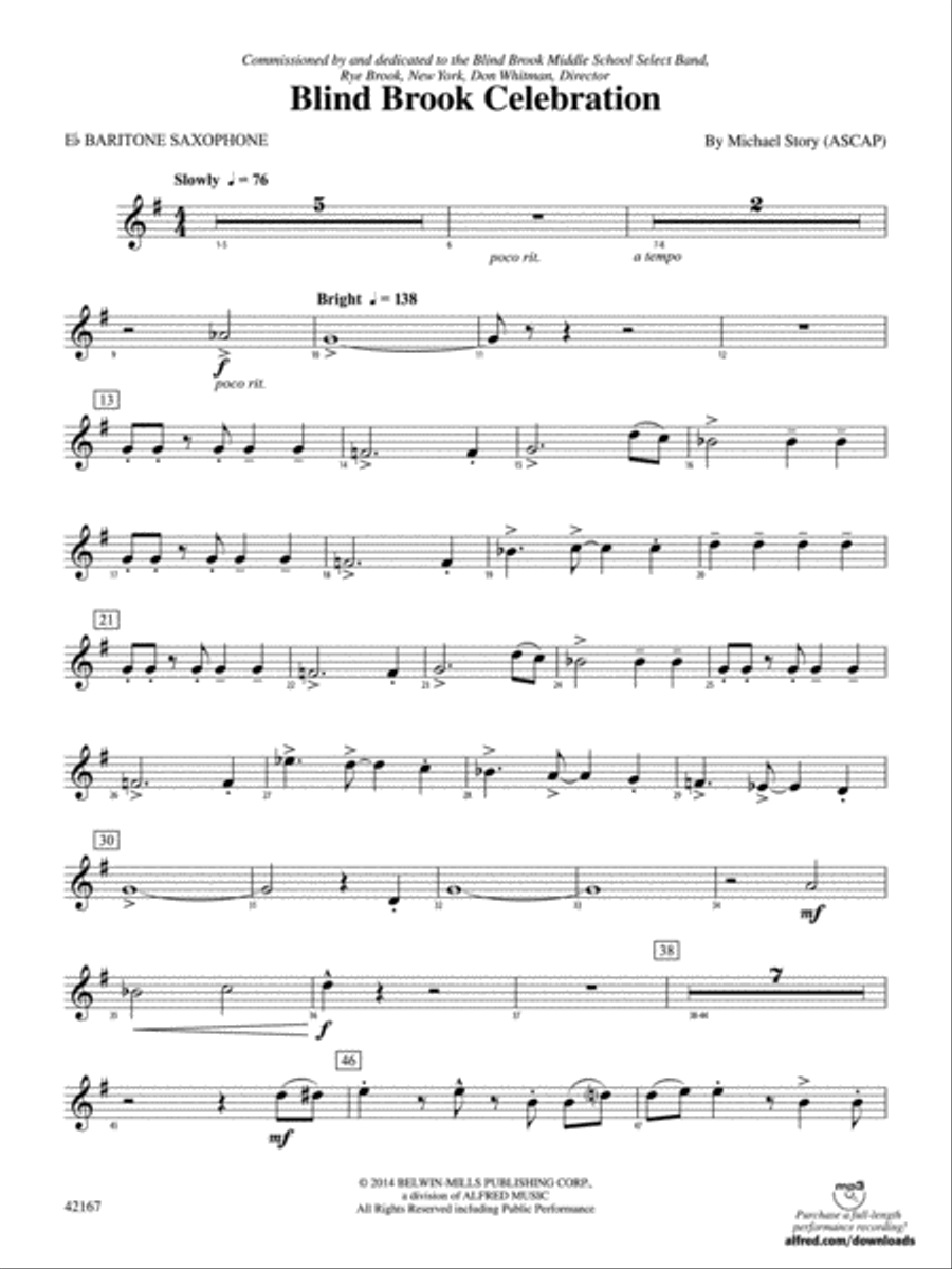 Blind Brook Celebration: E-flat Baritone Saxophone Concert Band scores gallery preview page 1