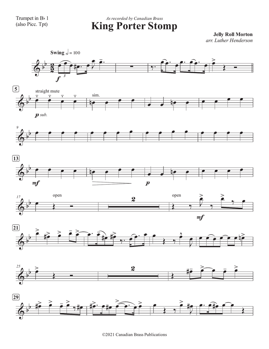 King Porter Stomp - Bb Trumpet 1 / Piccolo Tpt. Brass Quintet scores gallery preview page 1