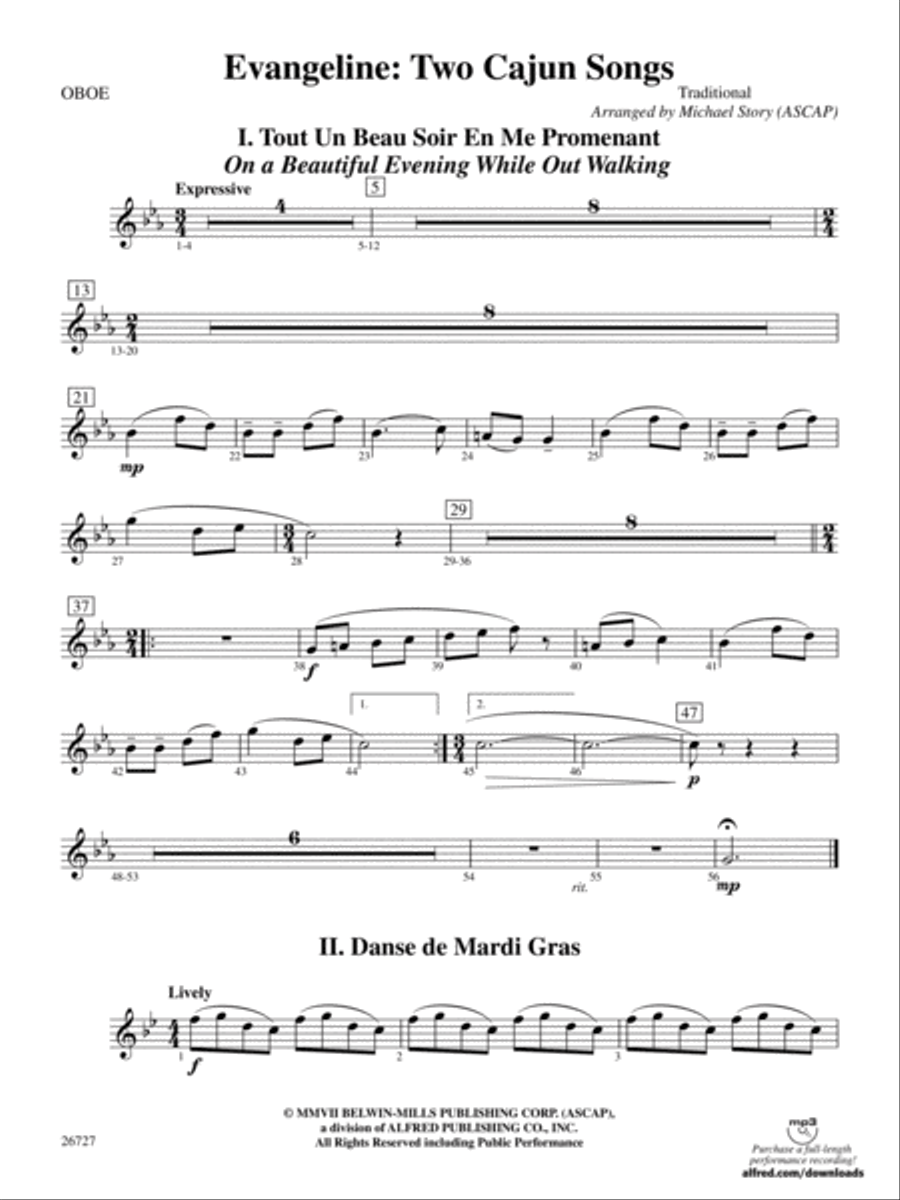 Evangeline: Two Cajun Songs: Oboe Concert Band scores gallery preview page 1