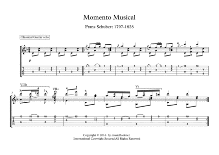 Momento Musical by Franz Schubert for classical guitar solo Acoustic Guitar scores gallery preview page 1