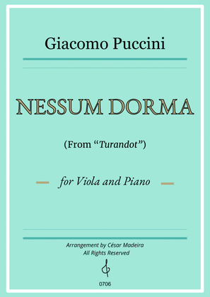 Book cover for Nessun Dorma by Puccini - Viola and Piano (Full Score)