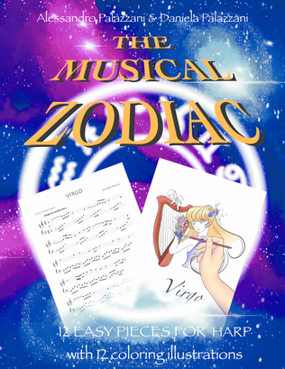 Book cover for The Musical Zodiac: 12 easy pieces for every harp with 12 coloring illustrations