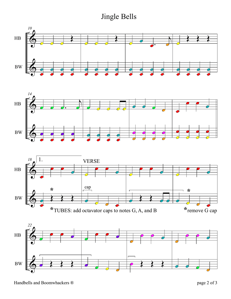 Jingle Bells (for 8-note Bells and Boomwhackers with Color Coded Notes) Handbell Choir scores gallery preview page 6