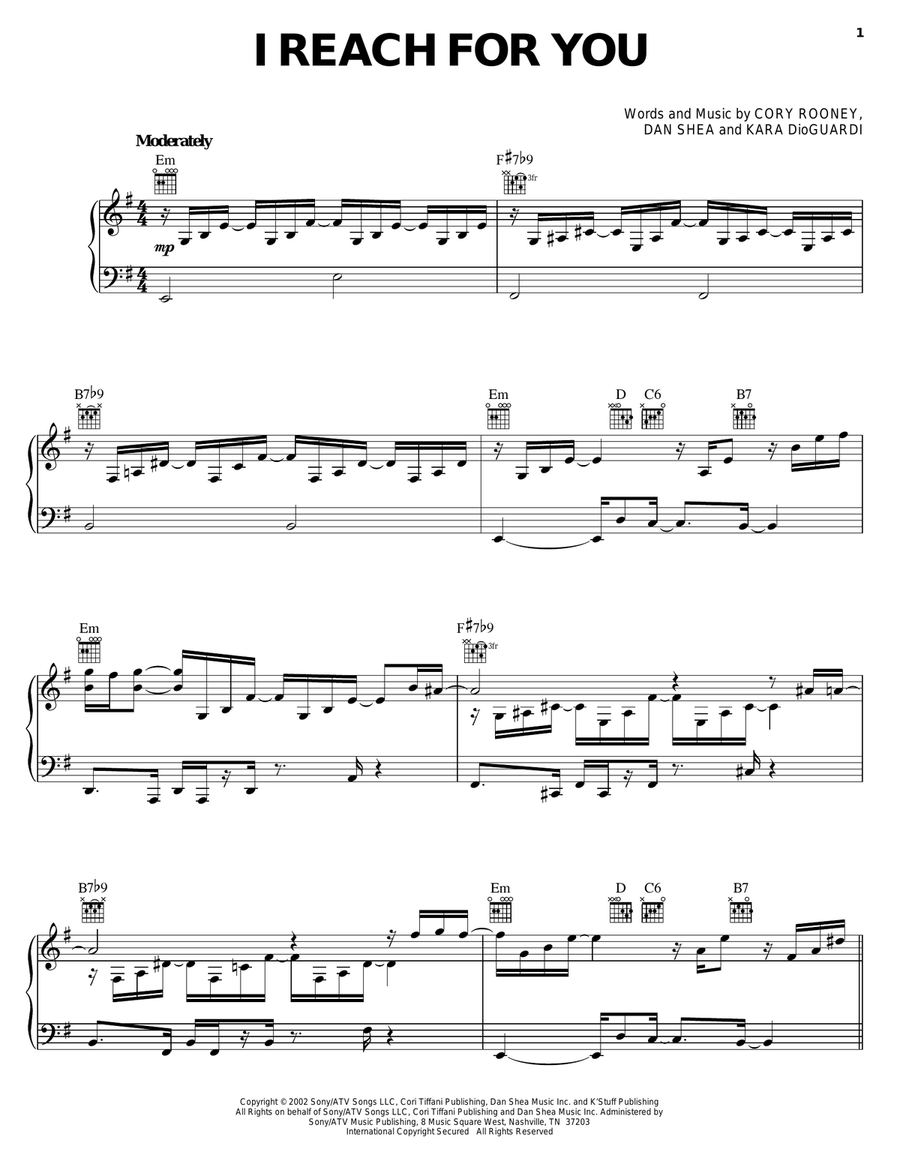 I Reach For You Piano, Vocal, Guitar scores gallery preview page 1