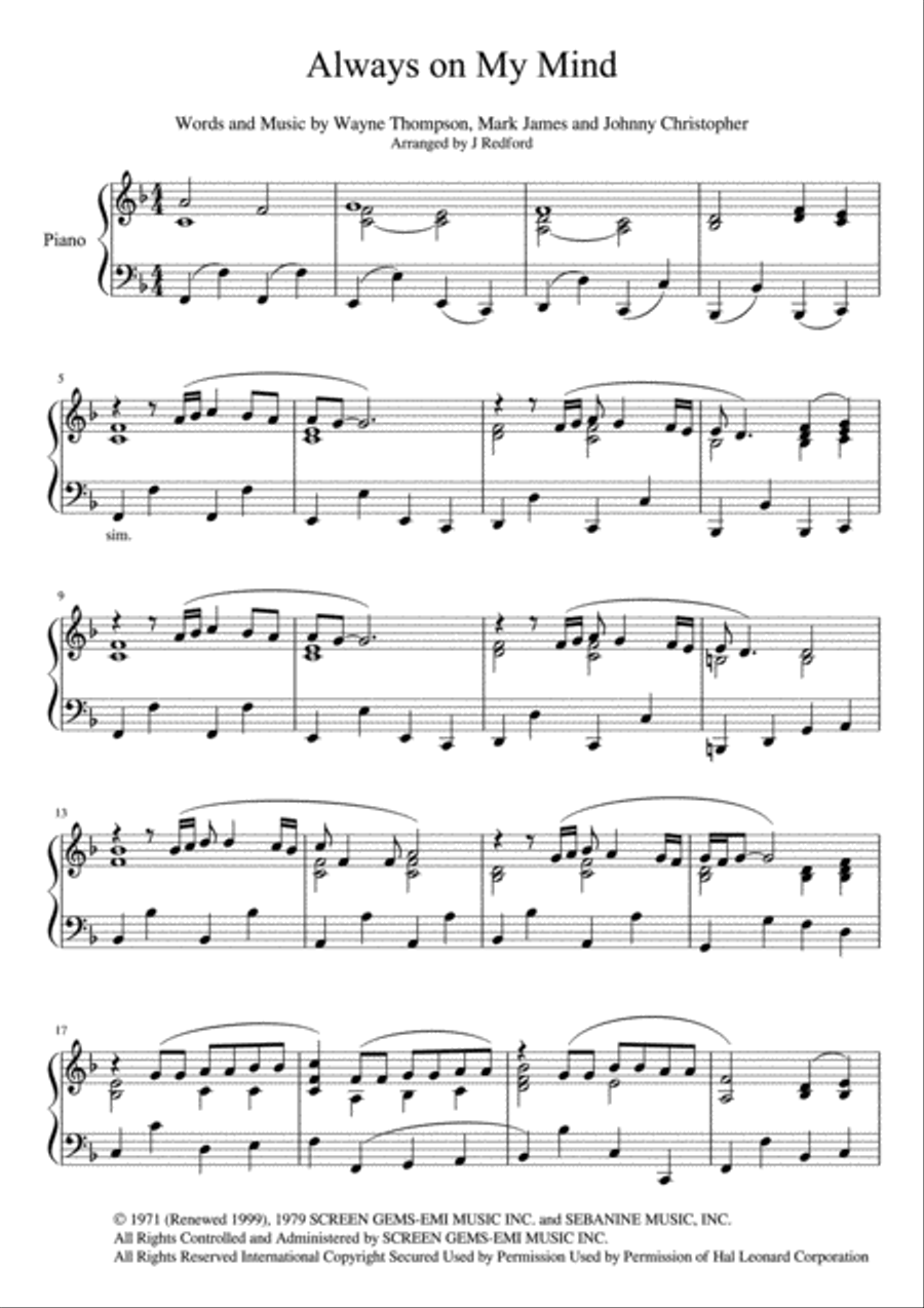 Always On My Mind Piano Solo scores gallery preview page 1