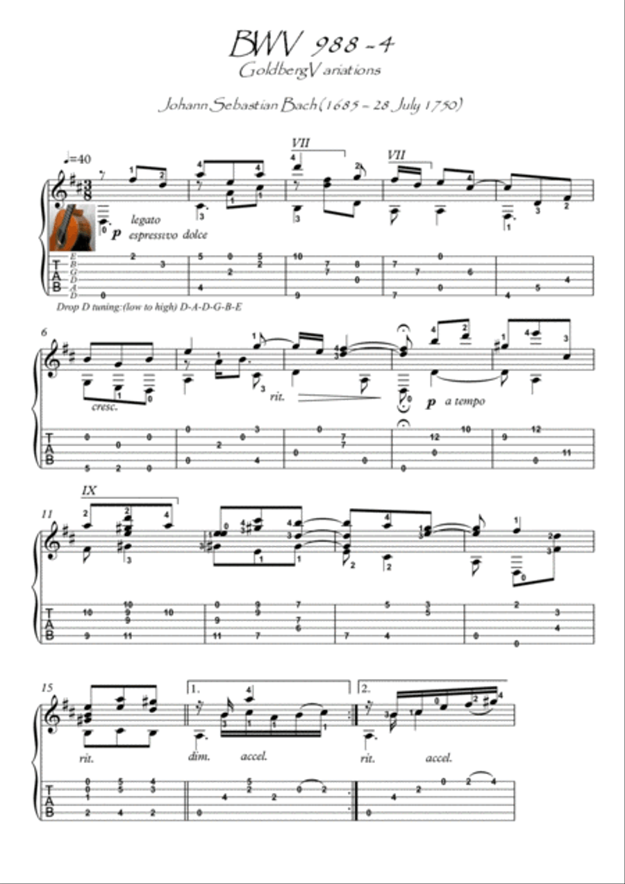 Bach for Guitar GoldBerg Variations BWV 988-4 Bach for Guitar GoldBerg Variations BWV 988-4 Acoustic Guitar scores gallery preview page 1