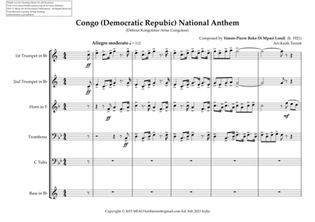 Congo (Democratic Repubic) National Anthem (Debout Kongolaise-Arise Congolese) for Brass Quintet image number null