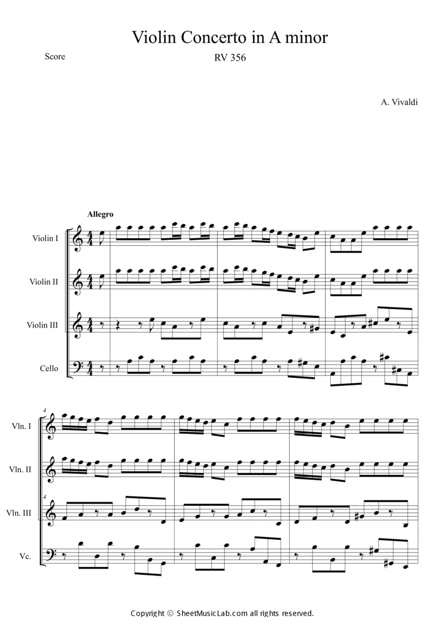 Violin Concerto in A minor RV 356 String Quartet scores gallery preview page 1