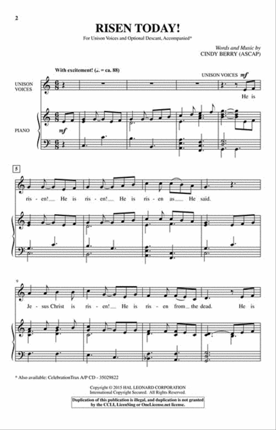 Risen Today! Risen Today! Unison Choir scores gallery preview page 2
