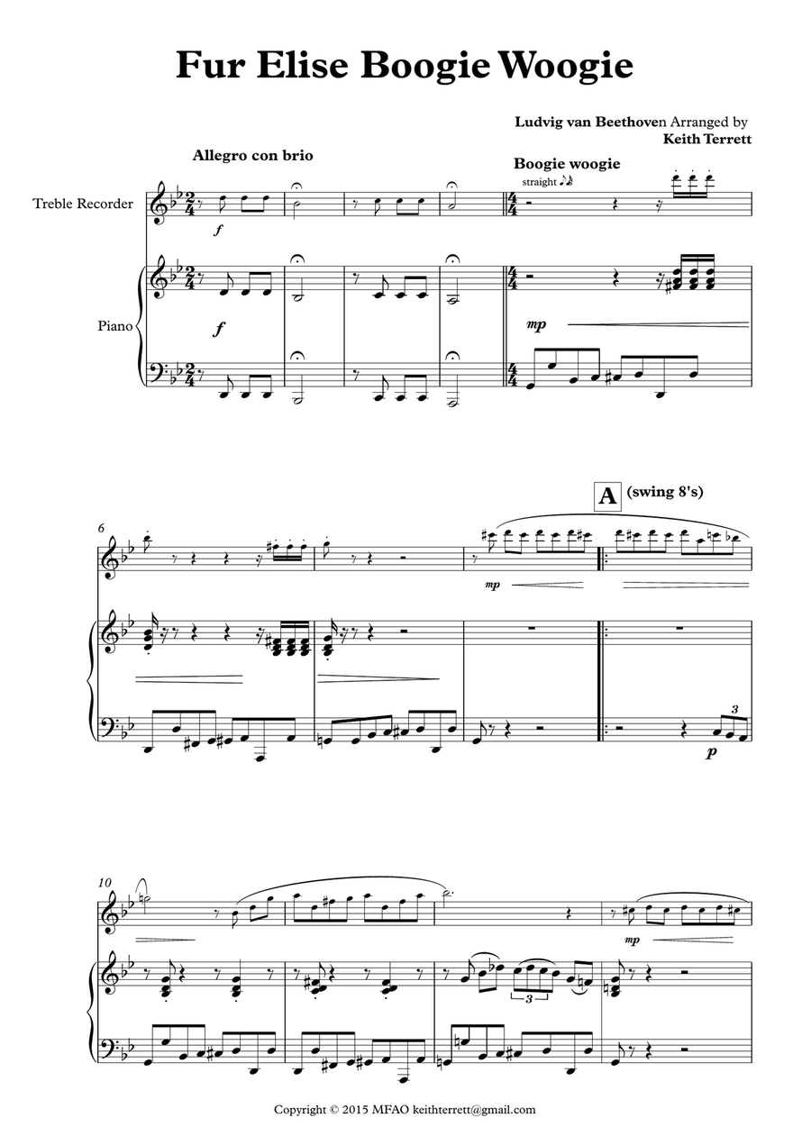 Für Elise Boogie Woogie for Treble Recorder & Piano Alto Recorder scores gallery preview page 1