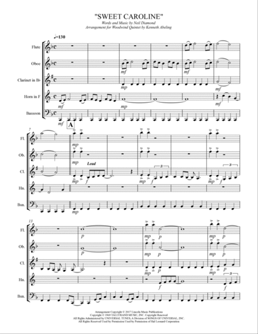 Sweet Caroline Woodwind Quintet scores gallery preview page 2