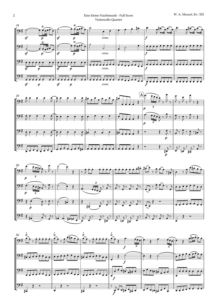 Eine kleine Nachtmusik by Mozart for Cello Quartet String Quartet scores gallery preview page 2