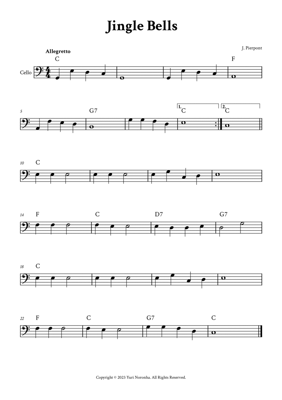 Jinglle Bells - Cello in C (with Chords) Cello Solo scores gallery preview page 1