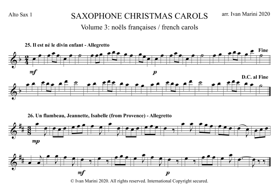SAXOPHONE CHRISTMAS CAROLS vol. 3 - 13 world famous French Carols for Sax Quartet (SATB or AATB) Saxophone Quartet scores gallery preview page 1