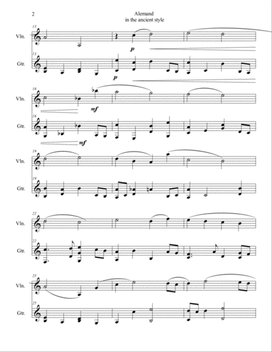 Alemand in the ancient style for Violin and Guitar, Gentle contemplative piece. String Duet scores gallery preview page 2