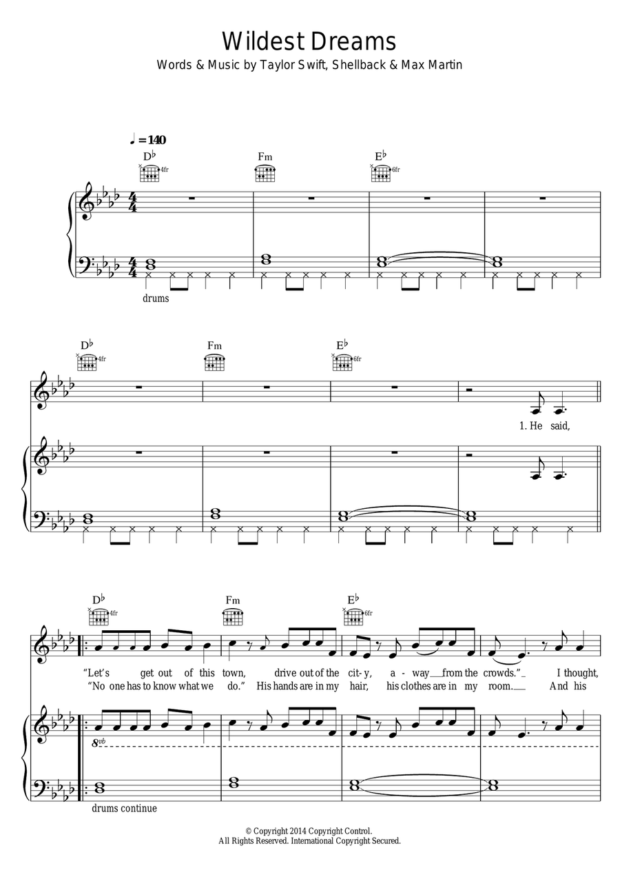 Wildest Dreams Piano, Vocal scores gallery preview page 1