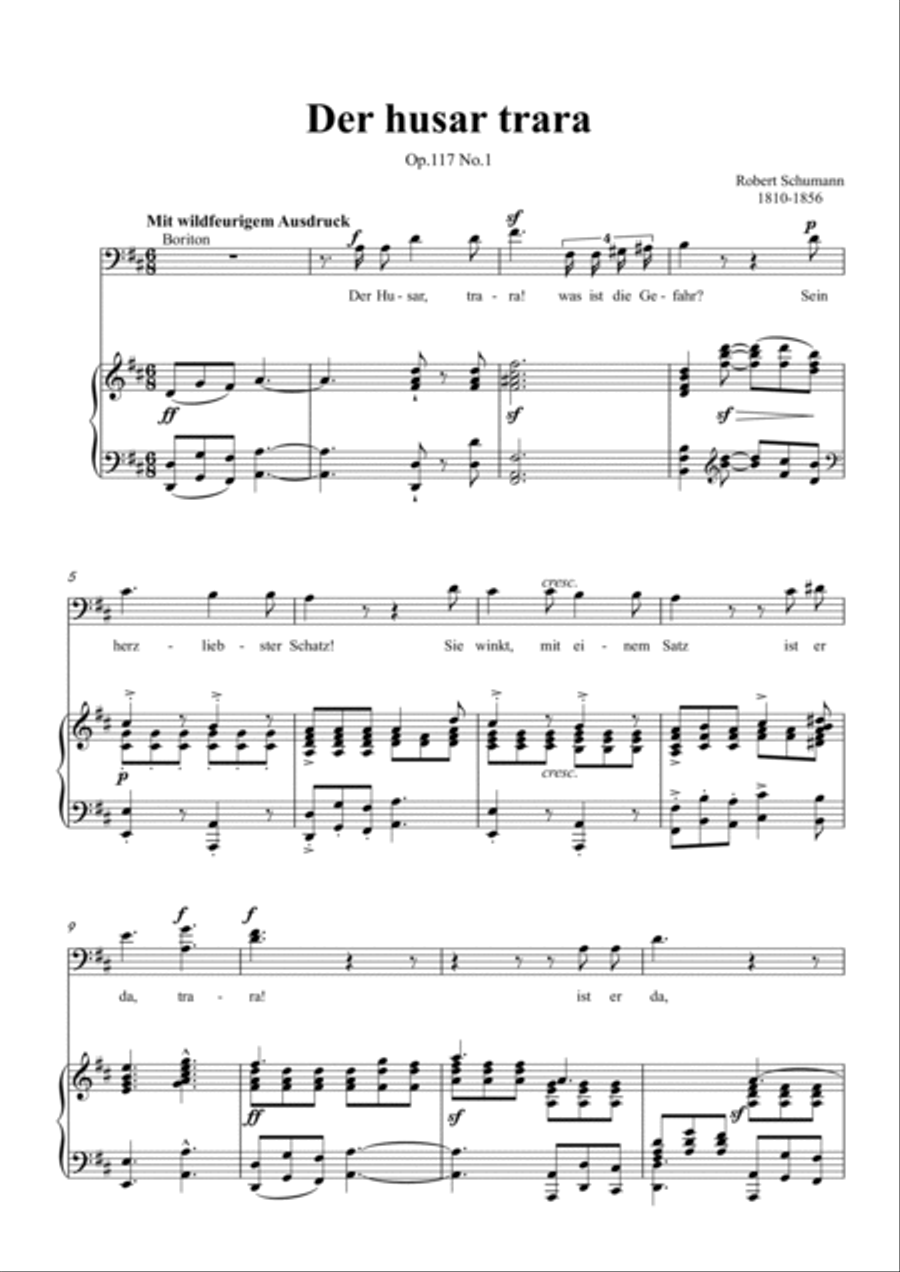 Schumann-Der husar trara Op.117 No.1 in D Major for Voice and Piano Voice Solo scores gallery preview page 2