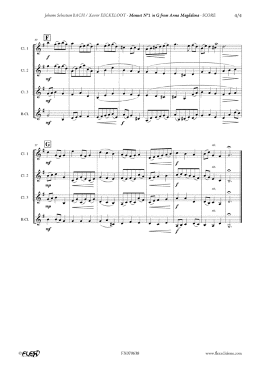 Menuet in G from Anna Magdalena Notebook Clarinet Quartet scores gallery preview page 4