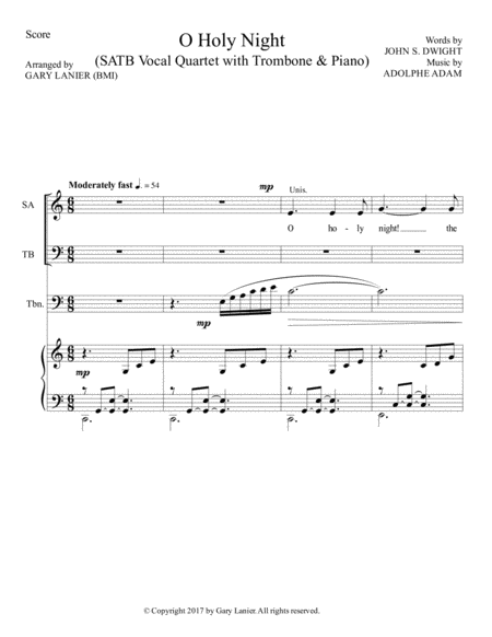 O HOLY NIGHT (SATB Vocal Quartet with Trombone & Piano - Score & Parts included) image number null