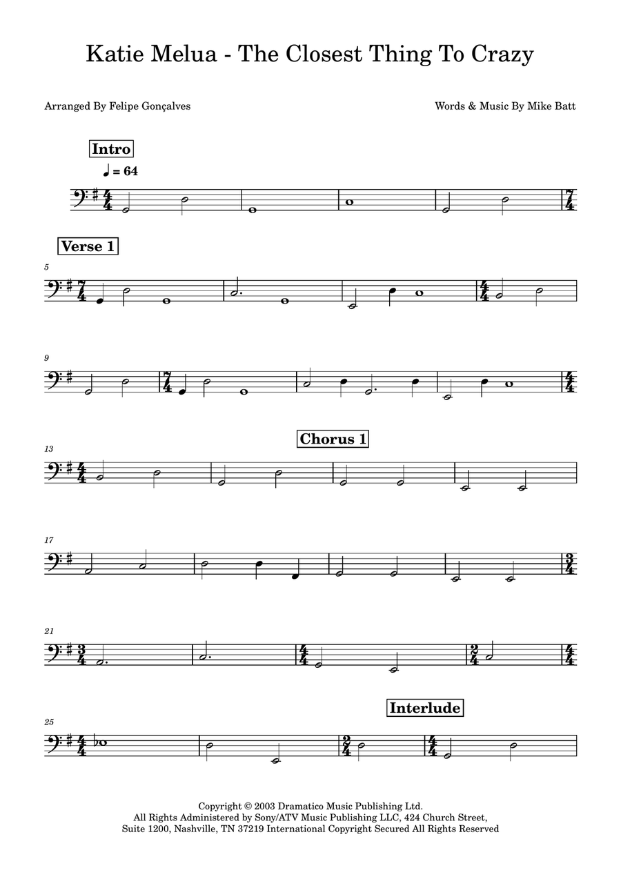 The Closest Thing To Crazy Bass Guitar scores gallery preview page 1