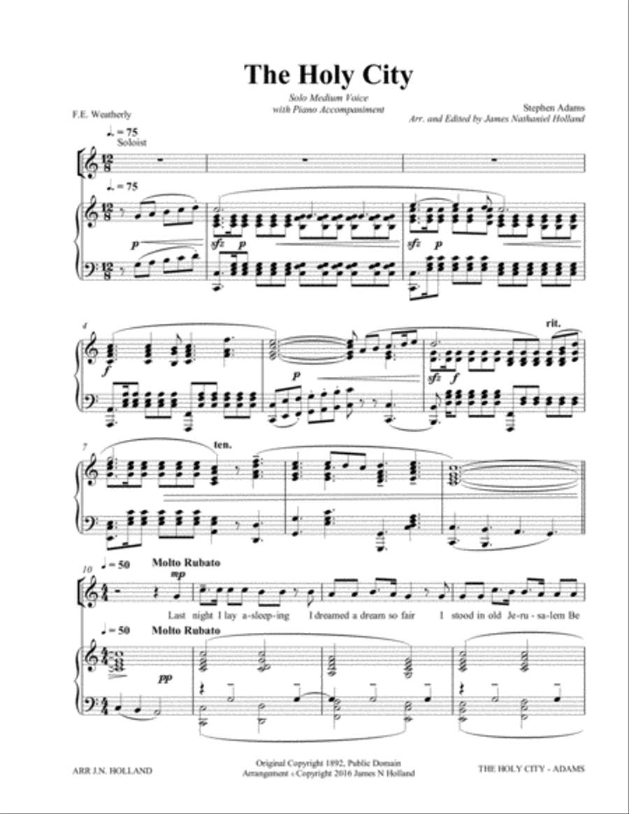 The Holy City for Solo Medium (Soprano or Tenor) Voice and Piano (Key of C) Tenor Voice scores gallery preview page 3