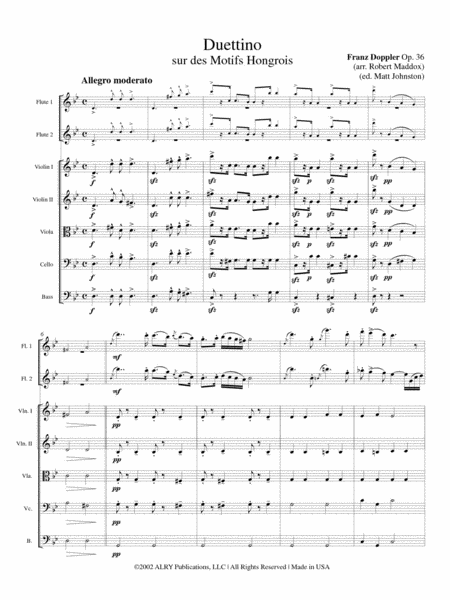 Duettino sur des Motifs Hongrois, Op. 36 (Two Flutes and Strings) by Albert Franz Doppler Flute Duet - Sheet Music