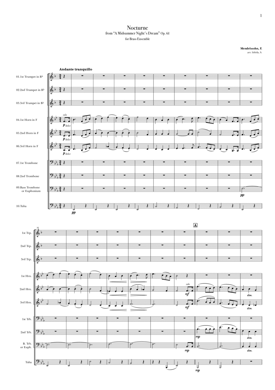 Nocturne from “A Midsummer Night's Dream” Op. 61 for Brass Ensemble Brass Ensemble scores gallery preview page 1
