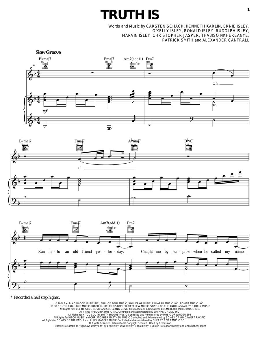 Truth Is Truth Is Piano, Vocal, Guitar scores gallery preview page 1