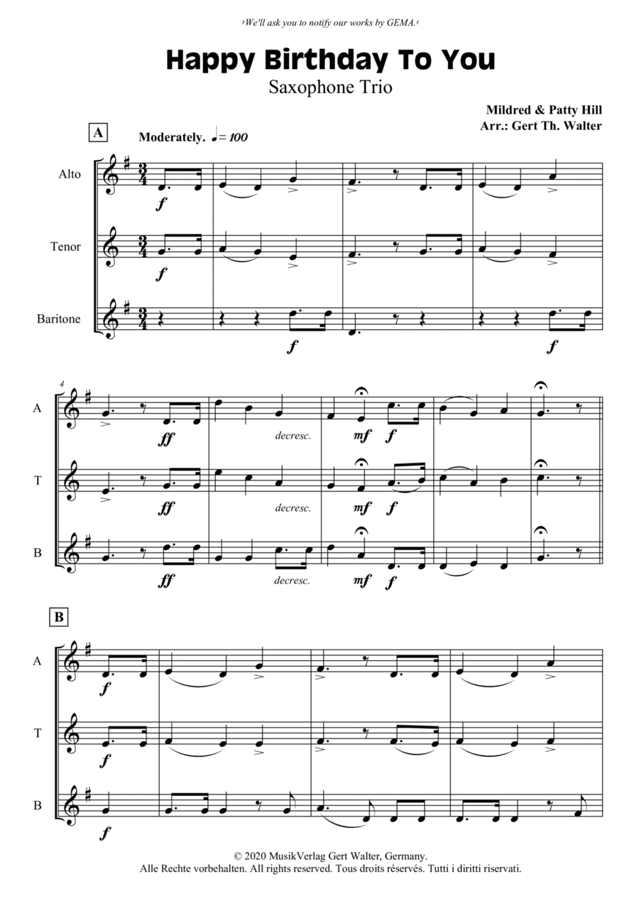 Happy Birthday To You Woodwind Quartet scores gallery preview page 1