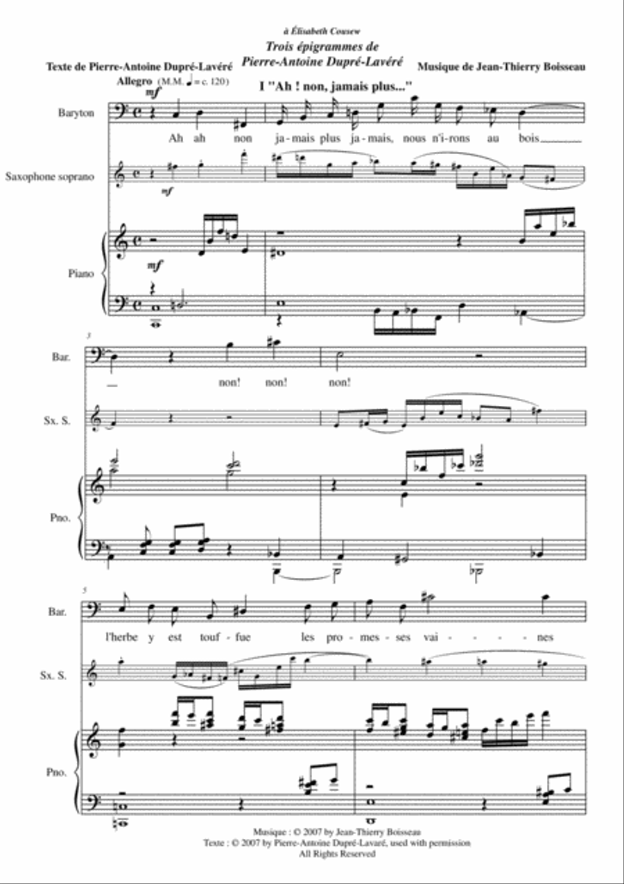Jean-Thierry Boisseau: Trois Épigrammes de Pierre-Antoine Dupré-Lavaré for baritone, soprano saxopho Small Ensemble scores gallery preview page 3