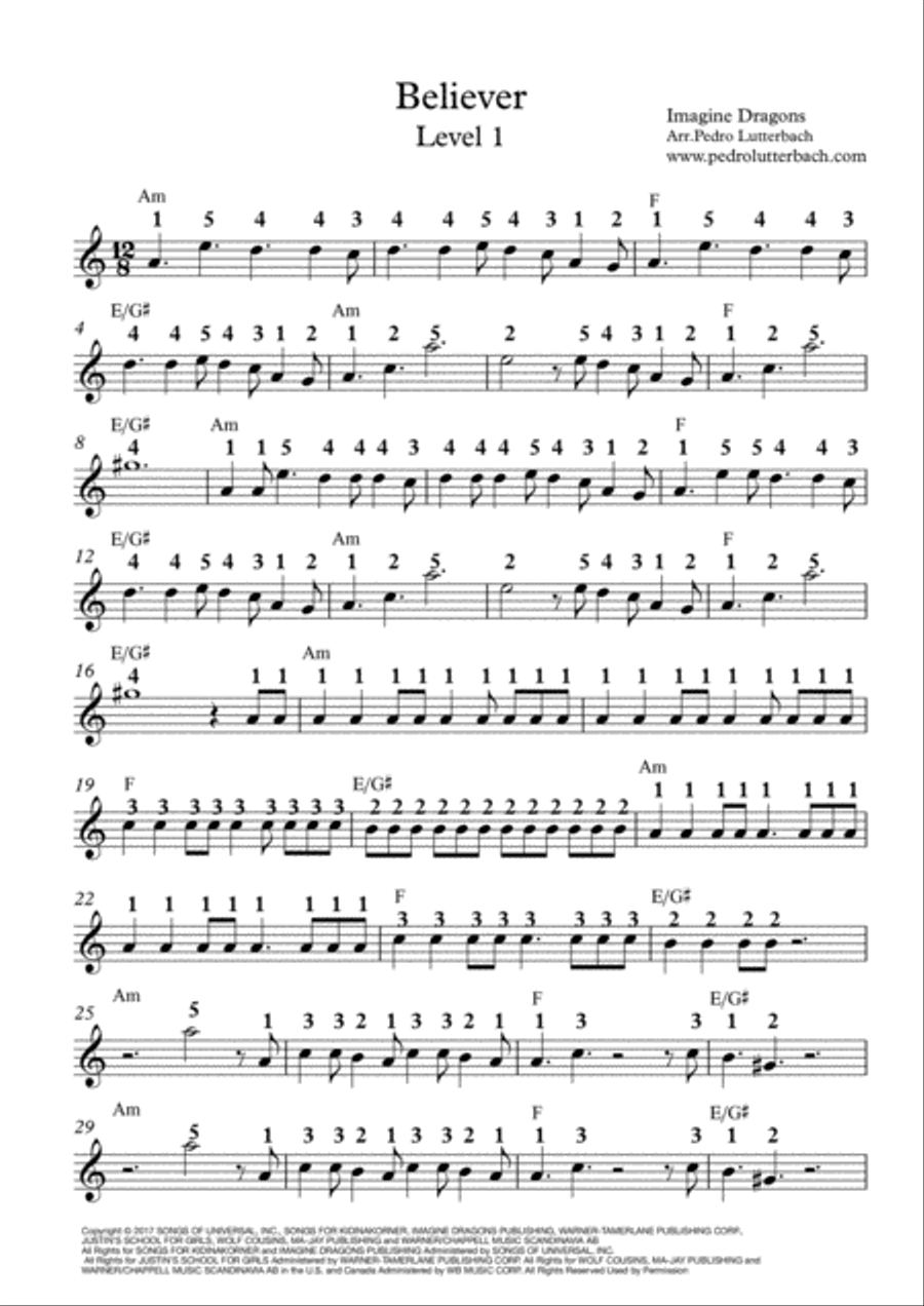 Believer Easy Piano scores gallery preview page 1