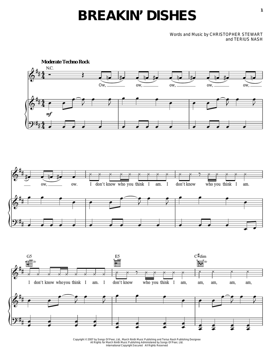 Breakin' Dishes Piano, Vocal, Guitar scores gallery preview page 1
