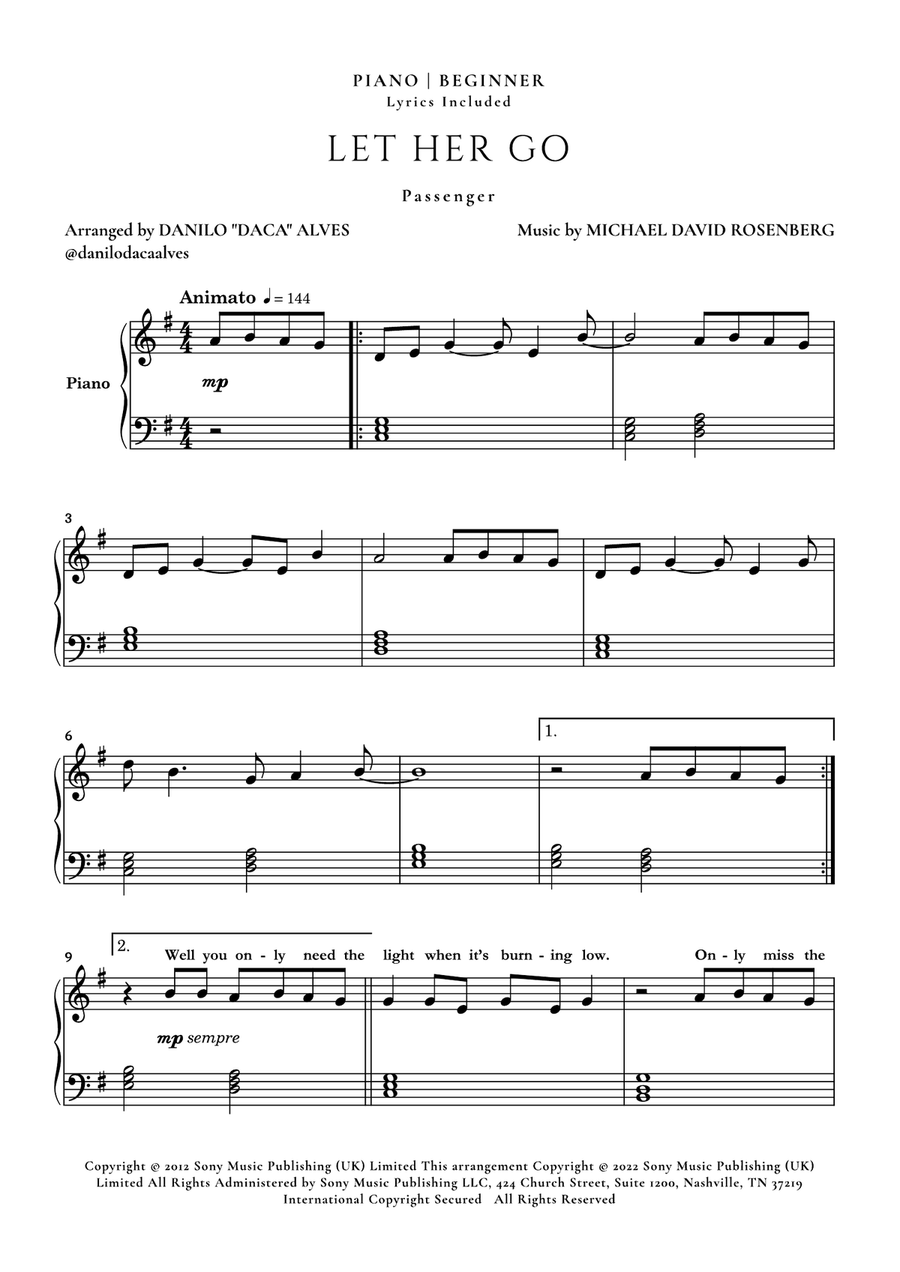 Let Her Go Easy Piano scores gallery preview page 1