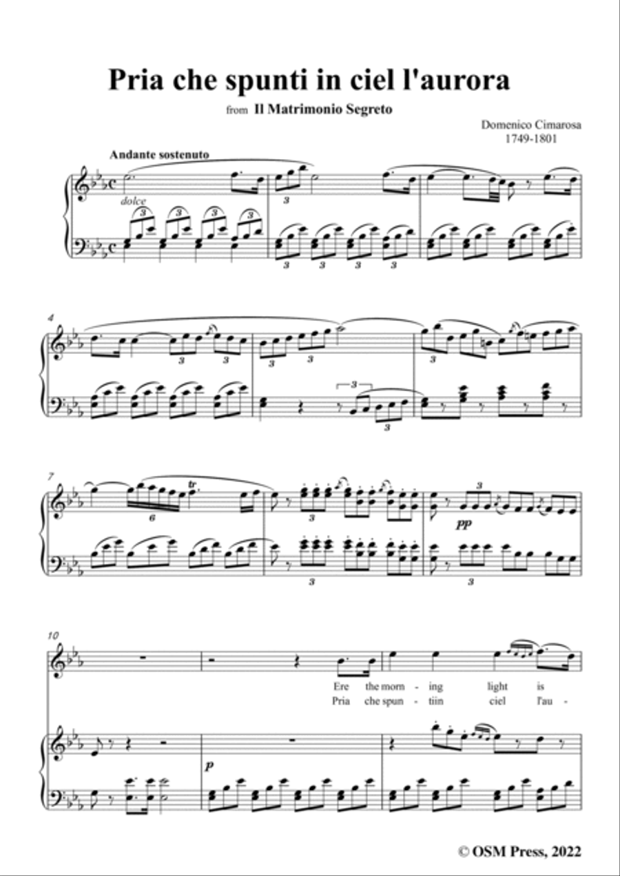 Cimarosa-Pria che spunti in ciel l'aurora,in E flat Major,from 'Il Matrimonio Segreto',for Voice and Voice scores gallery preview page 3