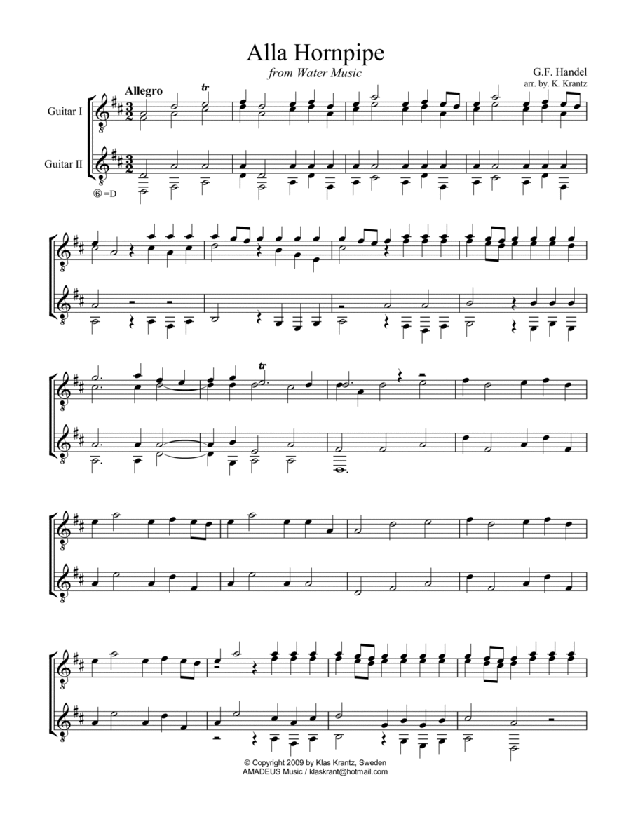 Alla Hornpipe from Water Music for guitar duo Acoustic Guitar scores gallery preview page 1