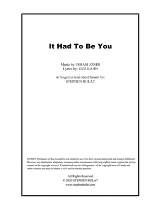 It Had To Be You (Harry Connick Jr., Frank Sinatra) - Lead sheet (key of A)