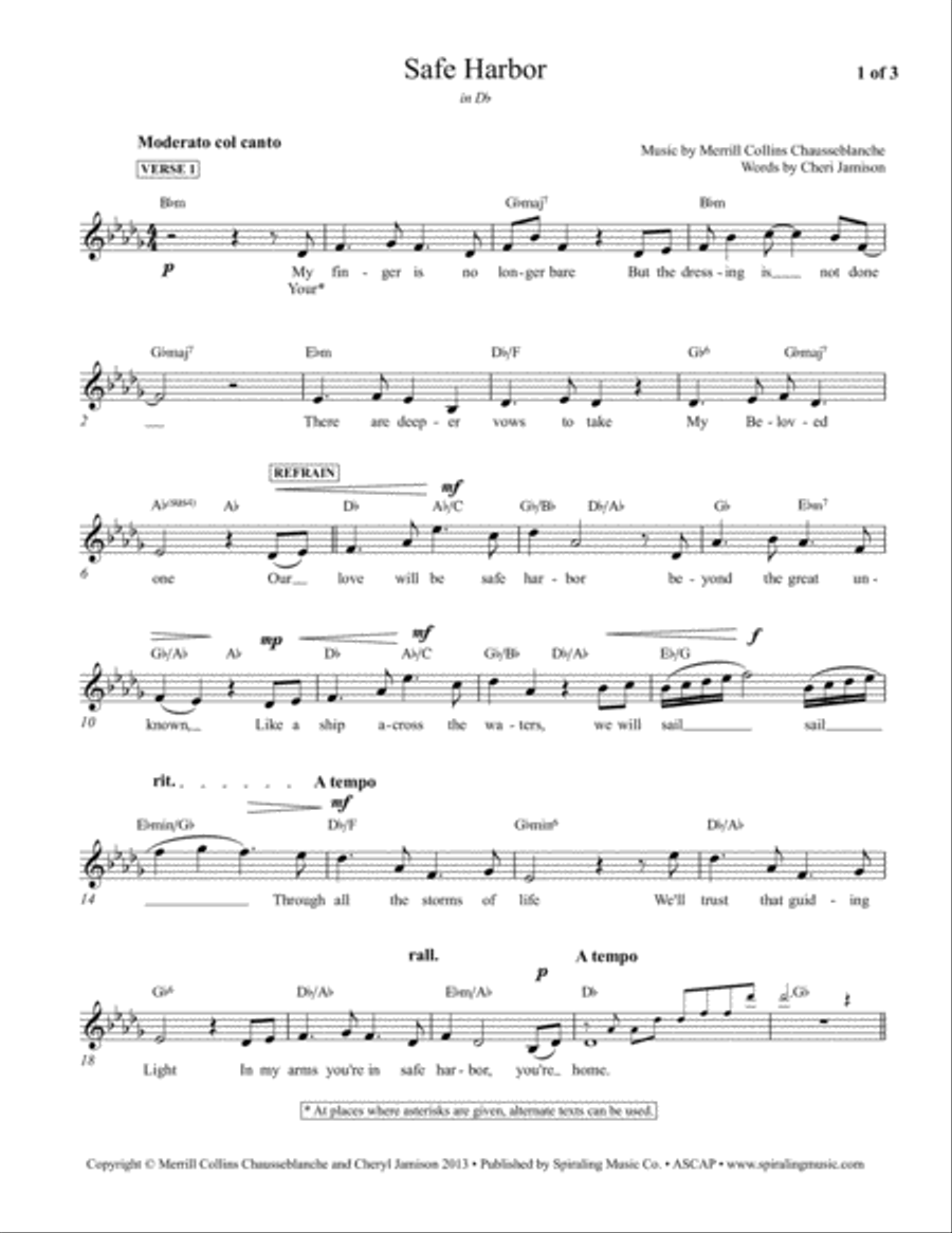 Safe Harbor, vocal/piano lead sheet in Db