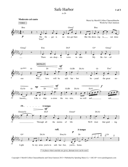 Safe Harbor, vocal/piano lead sheet in Db