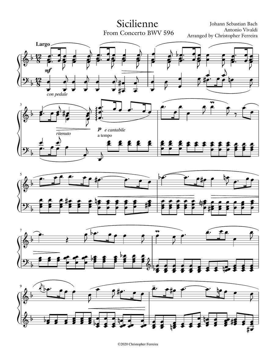 J. S. Bach, Sicilienne BWV 596, Transcription for piano by Christopher Ferreira