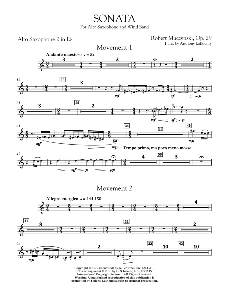 Sonata for Alto Saxophone, Op. 29 - Eb Alto Saxophone 2