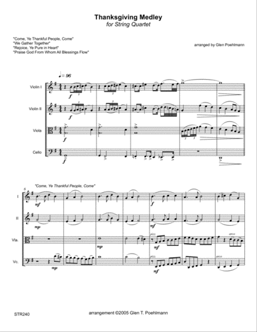 THANKSGIVING MEDLEY - hymns for STRING QUARTET (unaccompanied) A Cappella scores gallery preview page 1