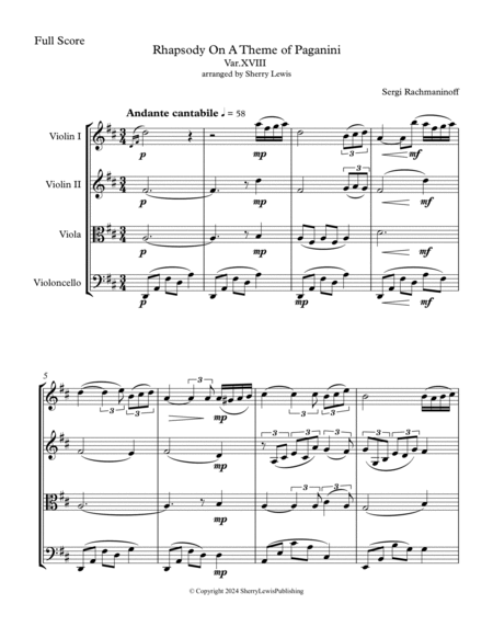 RHAPSODY ON A THEME OF PAGANINI String Quartet, Intermediate Level for 2 violins, viola and cello image number null