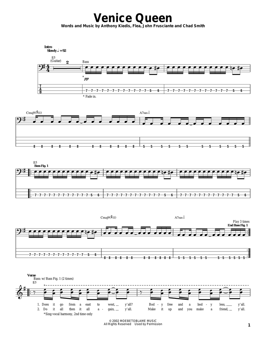 Venice Queen Venice Queen Bass Guitar Tablature scores gallery preview page 1