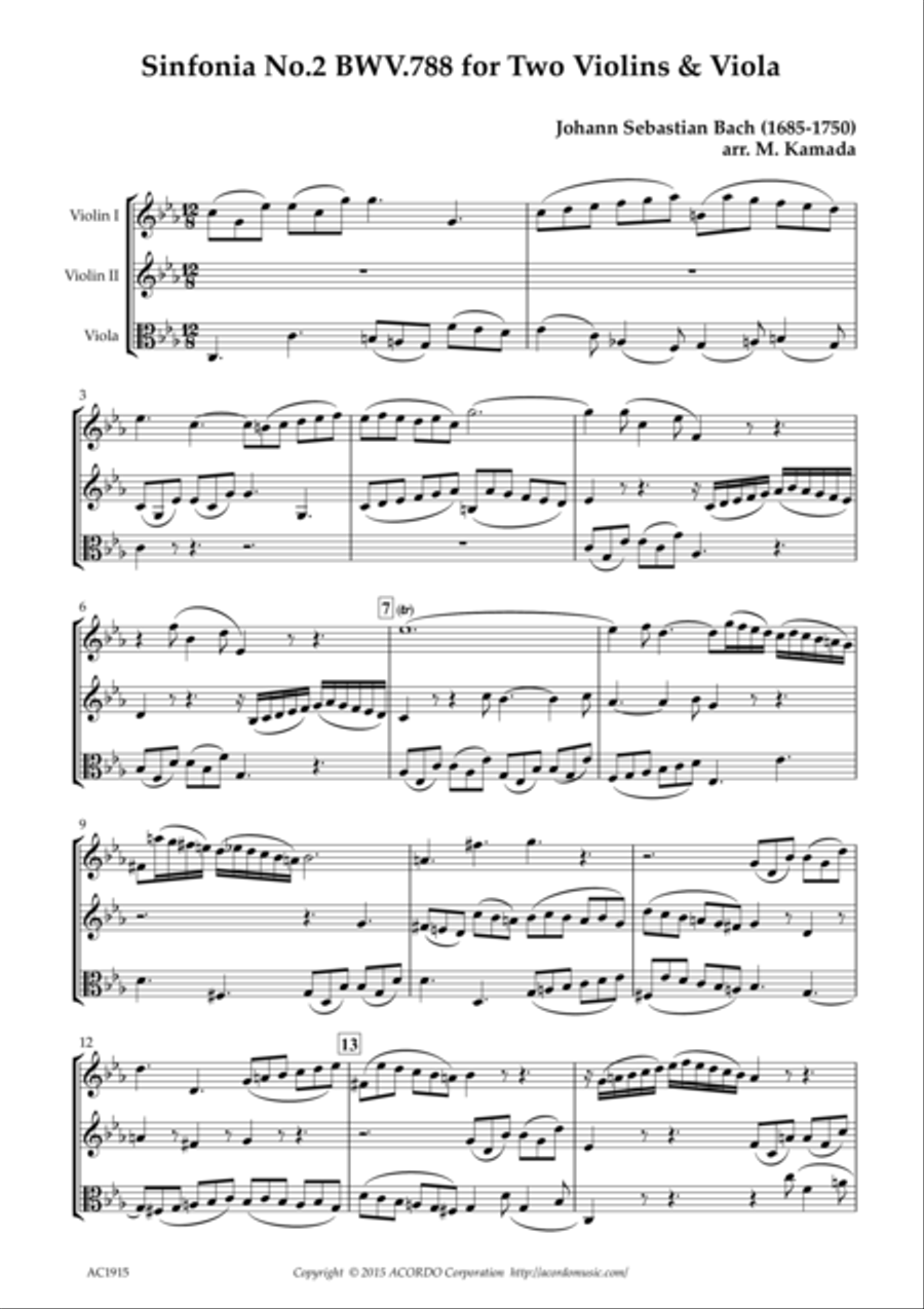 Sinfonia No.2 BWV.788 for Two Violins & Viola Sinfonia No.2 BWV.788 for Two Violins & Viola String Duet scores gallery preview page 1
